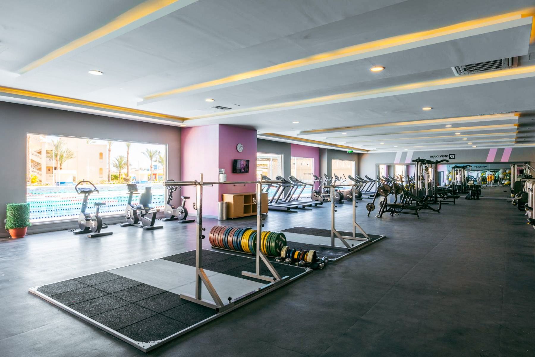 Aqua Vista Resort features a modern gym with weightlifting platforms, barbells, dumbbells, and cardio machines—ideal for a successful winter training camp. Bright and spacious, with large windows offering views of the pool and palm trees.