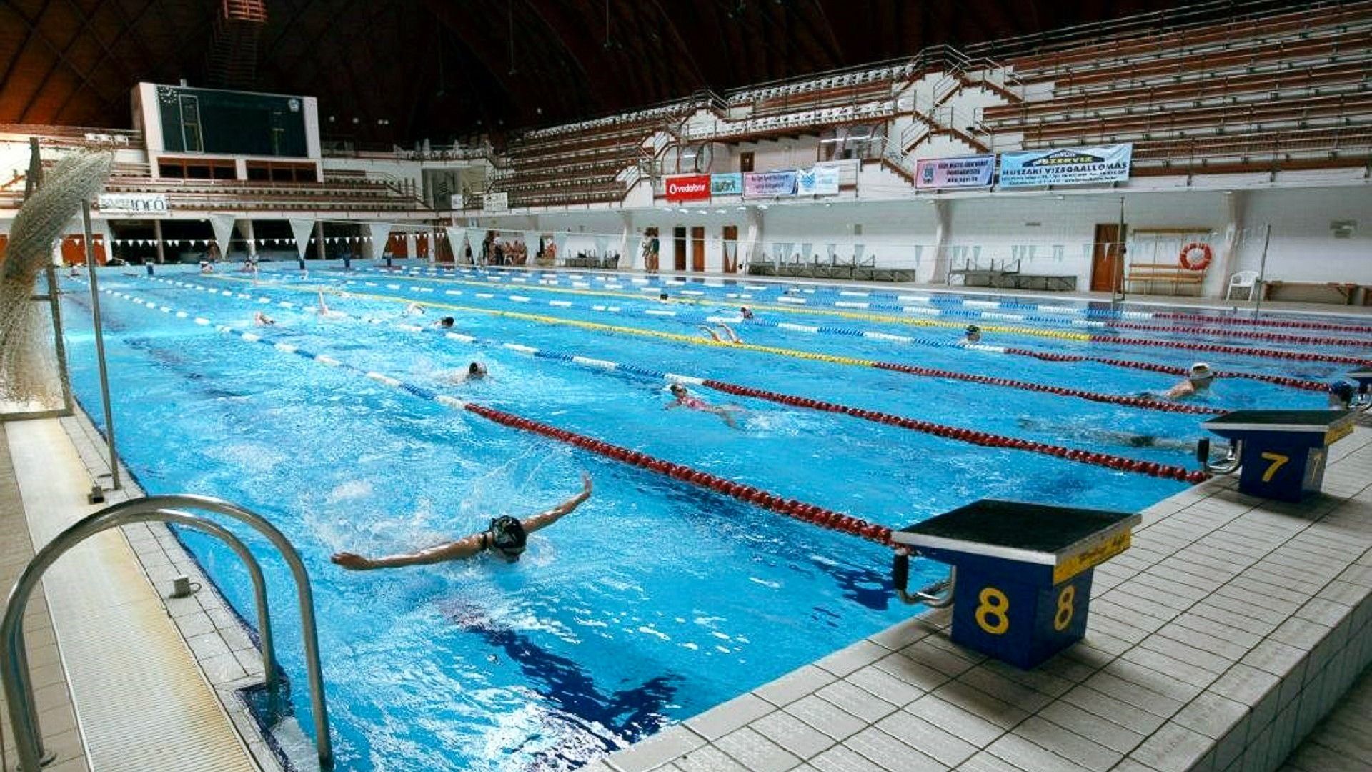 Großes Schwimmbecken mit mehreren Bahnen, umgeben von Tribünen, in einer modernen Schwimmhalle.