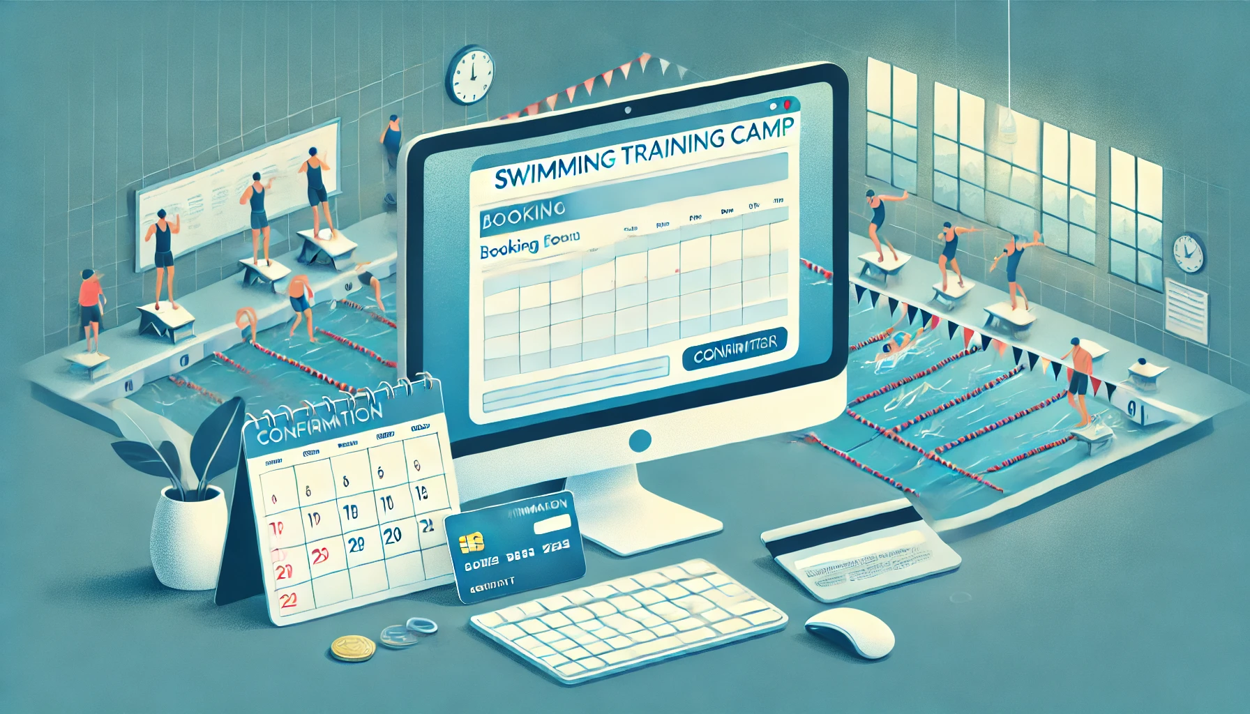 Ein Computerbildschirm zeigt eine Buchungsseite f&uuml;r ein Schwimmtrainingslager, mit einem Kalender, einer Kreditkarte und einem Schwimmbad im Hintergrund, in dem Athleten trainieren.