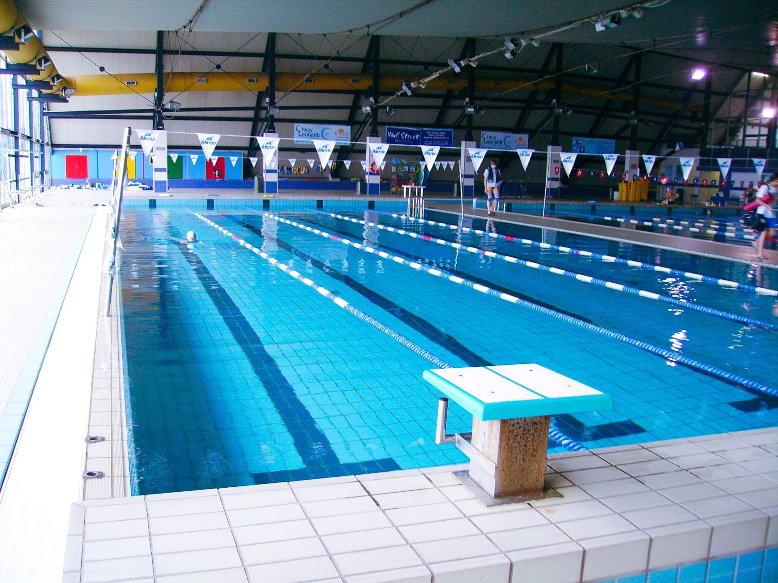 Schwimmbecken in einer modernen Halle mit Schwimmbahnen und Startblöcken