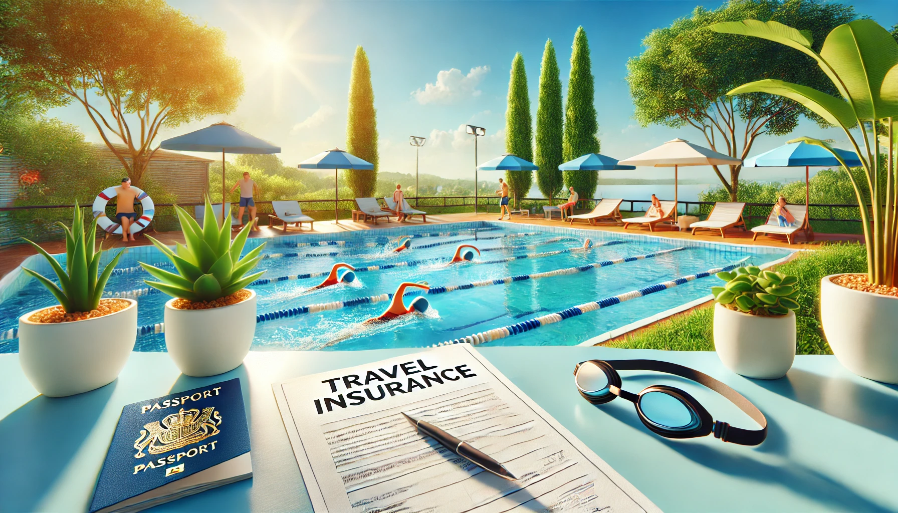 Ein Formular f&uuml;r Reiseversicherung mit einem Stift, einer Schwimmbrille und einem Reisepass im Vordergrund, w&auml;hrend im Hintergrund ein sonniger Poolbereich mit Schwimmern und Liegen zu sehen ist.